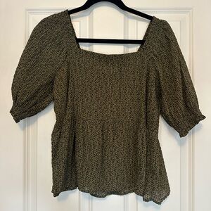 LOFT Olive Patterned Blouse with Black Mini Flowers